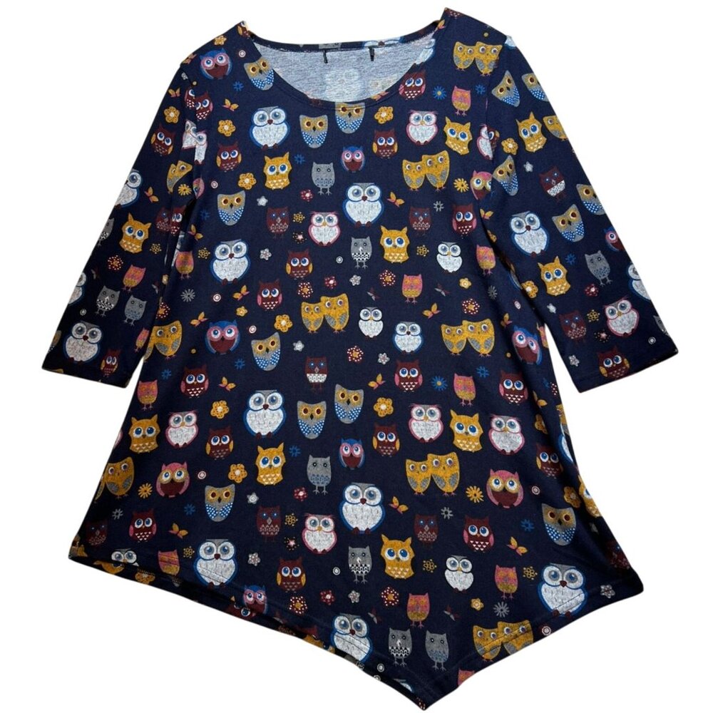 Womens Owls Print Pullover Sweatershirt Tunic Style Stretch Blue M/L